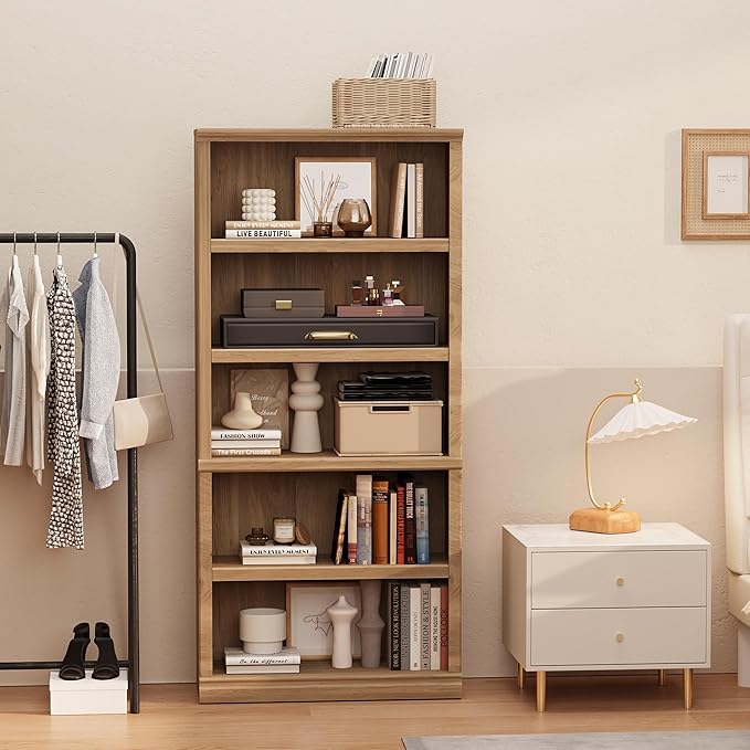 blini 5-Shelf Tall Bookcase Wooden Bookshelves 33in Wide Floor Standing Display Storage Book Shelves 70 in Oak Bookcase for Home Office, Living Room, Bed Room