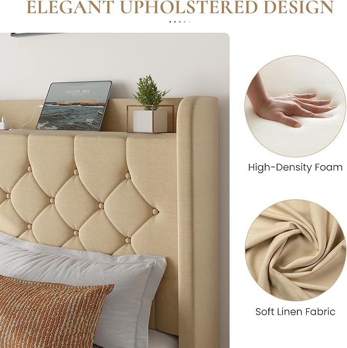 SHA CERLIN King Size Platform Bed Frame with Charging Station, Velvet Wingback Headboard with Storage Shelf, Wooden Slats Support, Ample Under-Bed Space, No Box Spring Needed, Easy Assembly, Beige