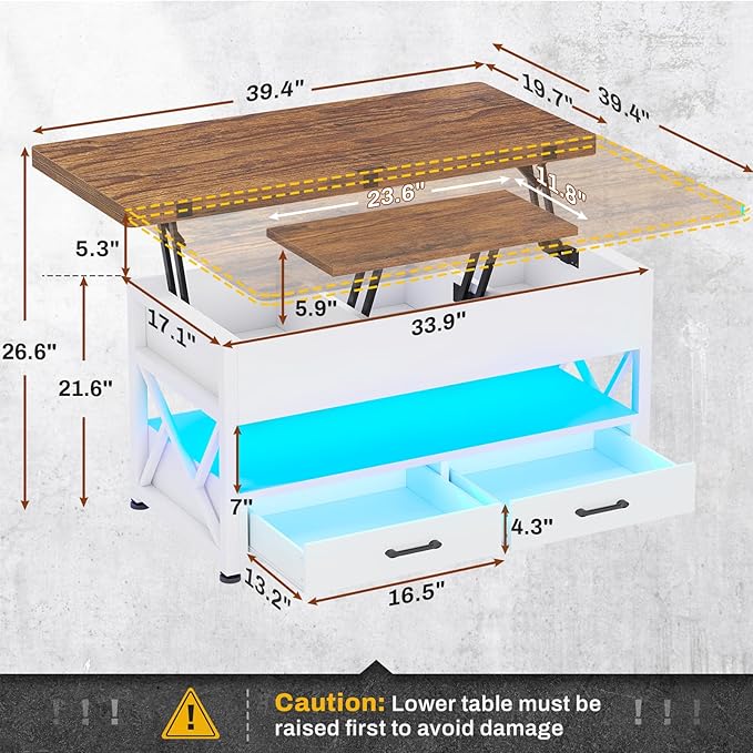 Itaar 40" Lift Top Coffee Table, 4 in 1 White Coffee Tables with Storage for Living Room, Small Coffee Table with 2 Drawers & LED Light for Dining Room, White and Rustic Brown