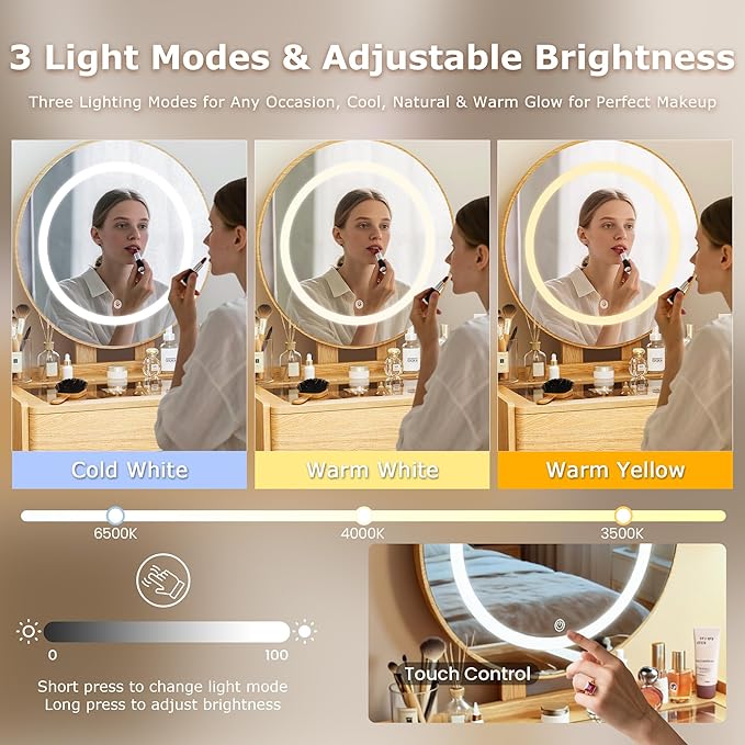 Small Vanity Desk with Mirror and Lights, Metal Handles with Cushioned Stool, 3 Lighting Modes Round Makeup Table with Glass Top, Compact Vanity for Small Spaces with 6-Grid Organizer, Natural Oak