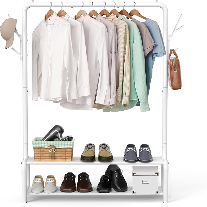 Simple Houseware 52-Inch Freestanding Closet Garment Rack with Storage Shelves and Coat/Hat Hooks, White