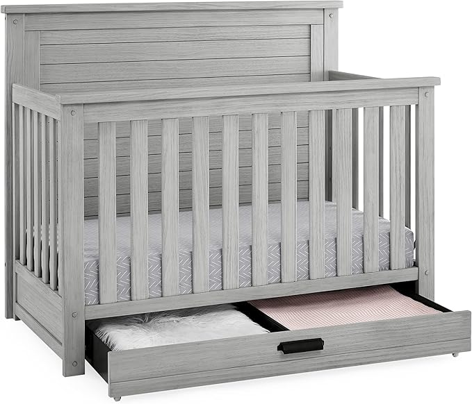 Delta Children Simmons Kids Caden 6-in-1 Convertible Crib with Trundle Drawer, Greenguard Gold Certified, Rustic Mist