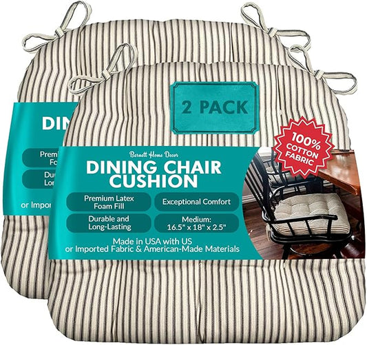 Barnett Home Decor Ticking Stripe Black Dining Chair Pad with Ties - Pack of 2-17" x 15" Size Small Chair Cushion - Latex Foam Fill - Machine Washable, Reversible, 100% Cotton, Made in USA