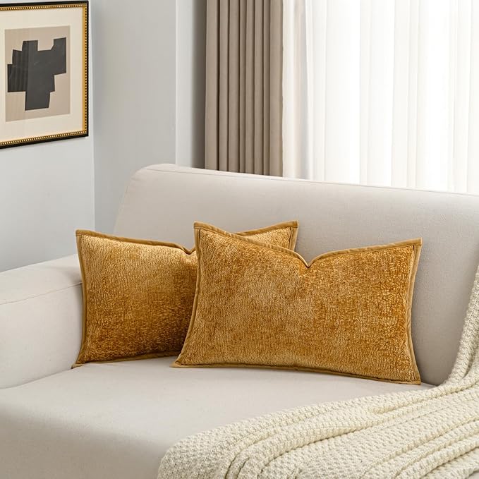 FUTEI Tobacco Chenille Throw Pillow Covers 12x20 Inch Set of 2,Soft Cozy Bound Edge Design Lumbar Pillow Cases,Home Decor for Couch Bed Living Room