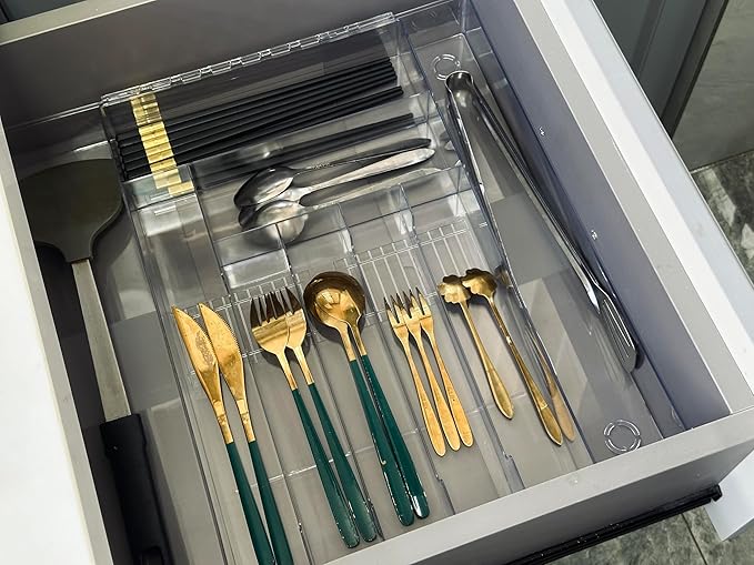 IEEK Utensil Organizer for Kitchen Drawers Expandable Flatware Organizer Utensil Tray Adjustable Cutlery Silverware Holder,Kitchen Drawer Organizer Tray for Knives,Forks,Spoons,Chopsticks,Clear-L