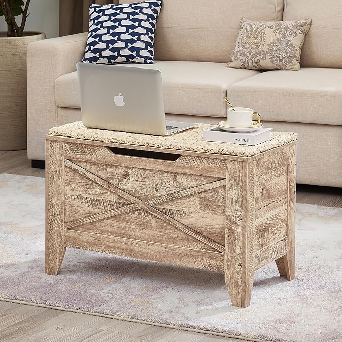 VECELO 30" Farmhouse Style Storage Bench, Entryway Shoe Ottoman, with Handwoven Cushion, with Metal Safety Hinges, for Bedroom, Living Room, Entryway, Light Wood