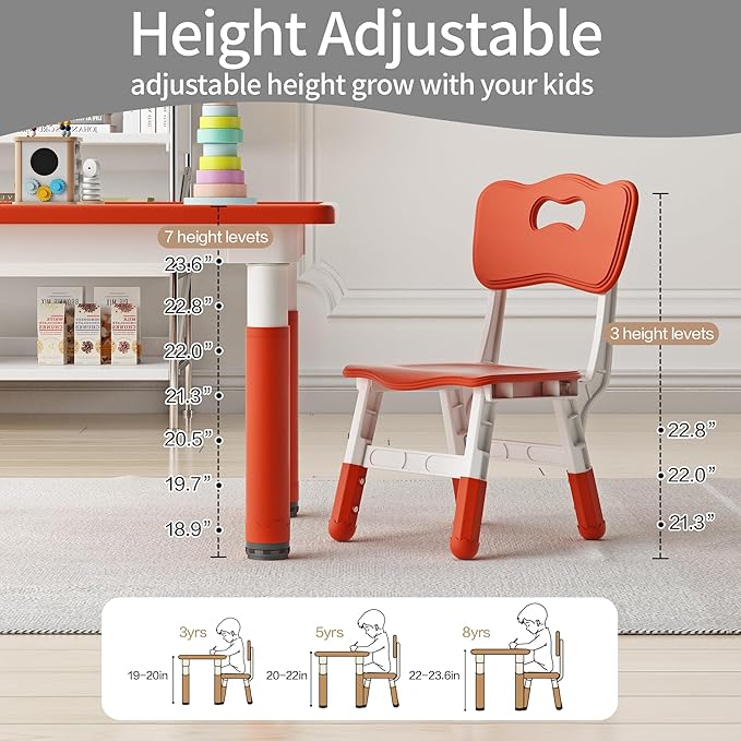 Toddler Table and 2 Chairs, Kids Table and Chair Set Height Adjustable, 31.5''L x 23.6''W Multifunctional Graffiti Desktop for Reading, Drawing, Eating, for Girls & Boys Age 2-10, Red