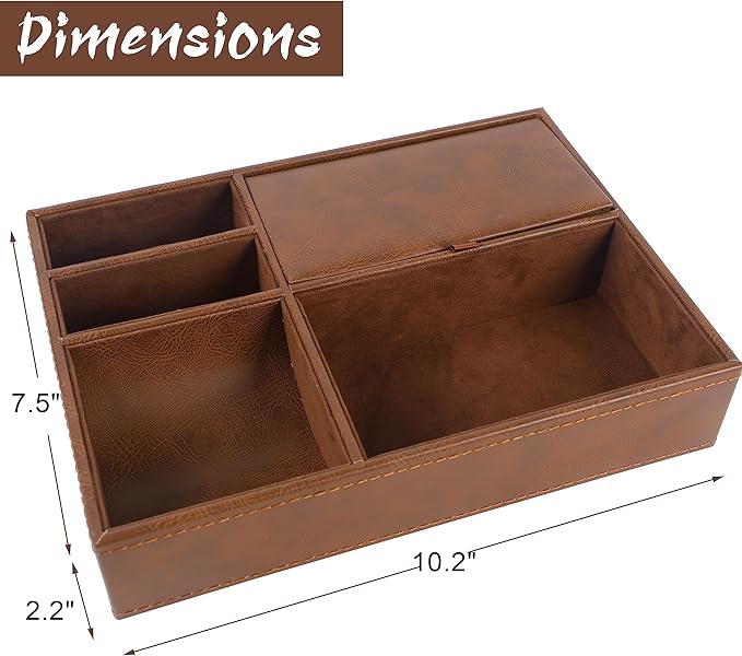 Zcaukya Men's Valet Tray, Jewelry Box Nightstand Organizer with 5 Compartments for Phone Keys Wallet Watch Glasses, Faux Leather Dresser Entryway Catchall Holder for Father's Day Gift (Brown)