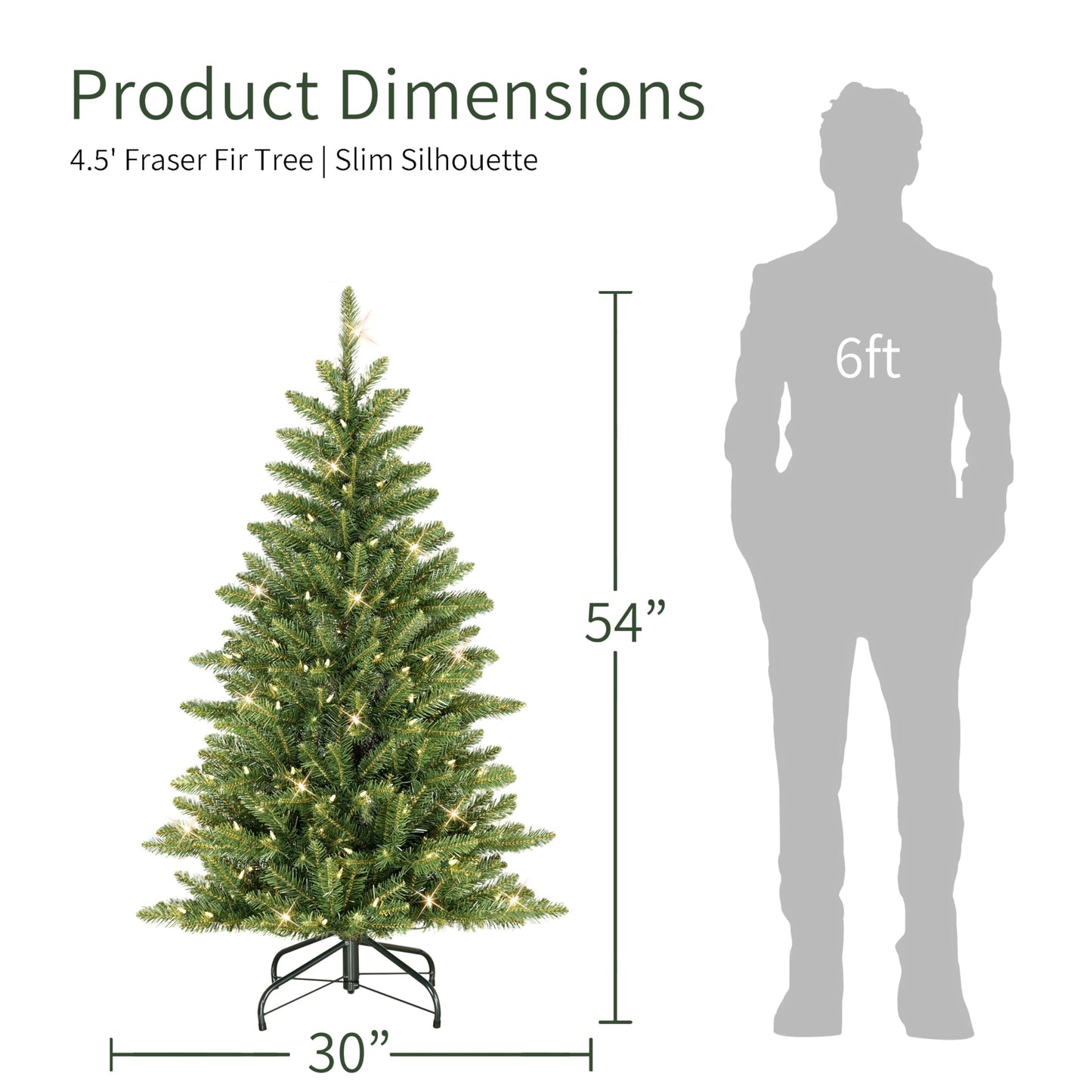 Puleo International 4.5ft Pre-Lit Slim Fraser Fir Christmas Tree with 483 Clear Lights, 150 Realistic Dense Branch Tips, Easy Setup Artificial Trees with Sturdy Metal Stand