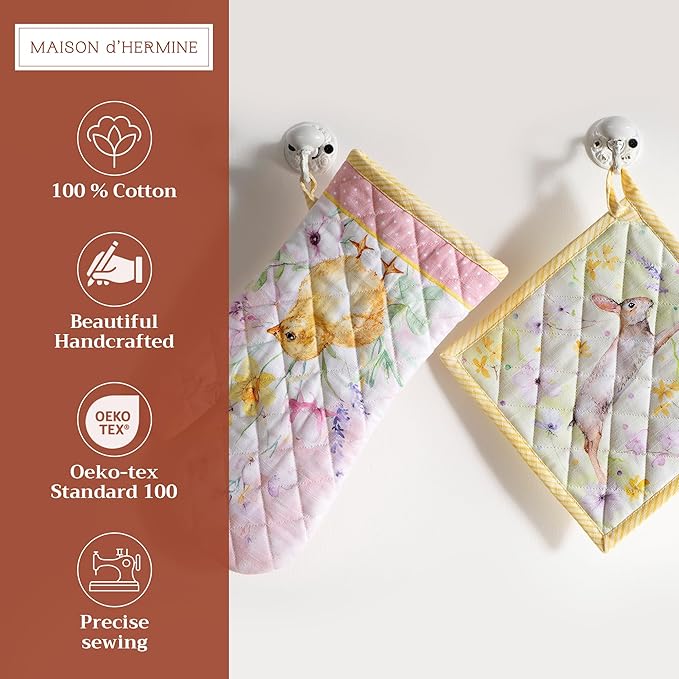 Maison d' Hermine 100% Cotton Oven Mitt & Pot Holder Set (7.5"x13" & 8"x8") Heat Resistant BBQ Cooking Gloves with Loop, Baking, Grilling, Kitchen, Handling Hot Pans Spring/Summer (Easter Zest)