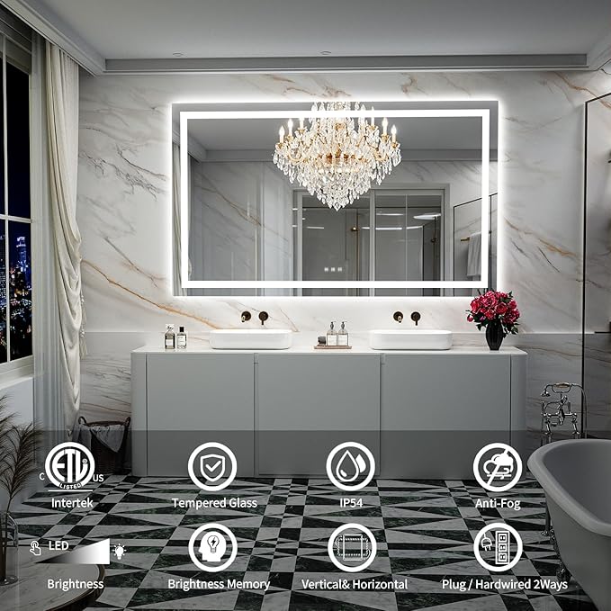 LED Mirror for Bathroom, 66x40 Inch Backlit + Front Lighted Bathroom Vanity Mirror with Lights for Wall, Double Light Strips, 3 Colors, Shatter-Proof, Anti-Fog and Brightness Memory