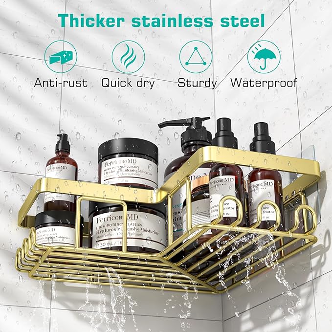 YASONIC Corner Shower Caddy, 3-Pack Adhesive Bathroom Caddy with Soap Holder and 12 Hooks, Rustproof Stainless Steel Shower Organizer, No Drilling Wall Mounted Shower Rack, for Bathroom, Gold
