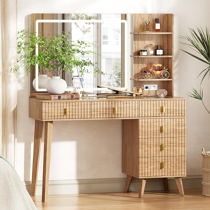 Large Makeup Vanity Desk with Mirror and Lights, Vanity Desk with 6 Drawers & Storage Shelves, Vanity Table with Power Outlet, 3 Color Modes & Adjustable Brightness Dressing Table, Bedroom,Wood