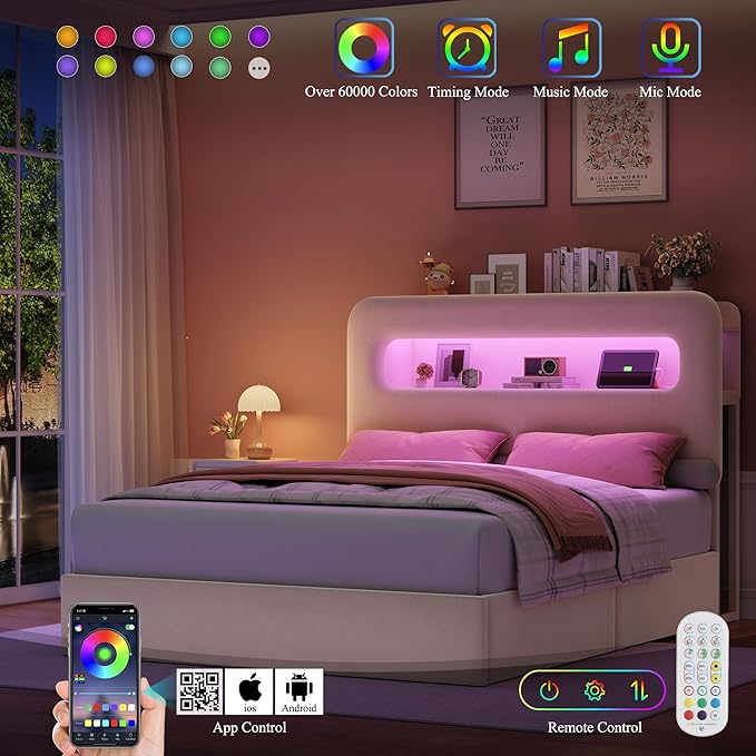 HOSTACK Full LED Bed Frame with Storage Headboard and Charging Station, Kids Bed Frame with 4 Drawers and USB Ports, Velvet Upholstered Platform Bed Frame with Bookcase, No Box Spring Needed, Cream