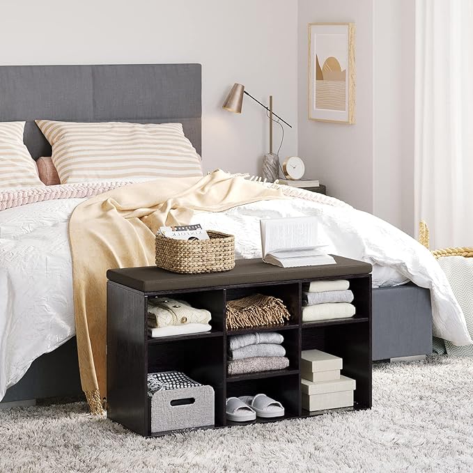 DINZI LVJ Shoe Bench, 9 Cubbies Shoe Organizer for Entryway, Storage Bench with Cushion, Cubby Shoe Rack with Adjustable Shelves for Living Room, Bedroom, Mudroom, Hallway, Espresso