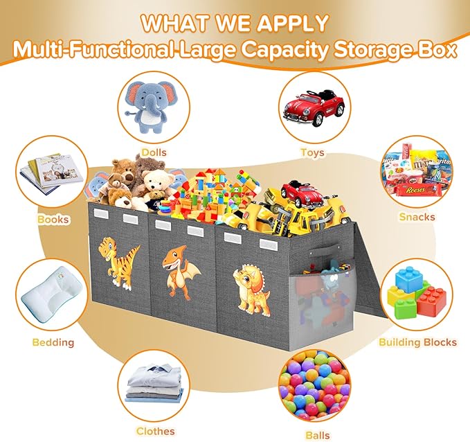 Extra Large Toy Box Chest, Collapsible Sturdy Toy Storage Organizer Boxes Bins Baskets Dinosaur Kids Toy Chest Bin with Lids for Boys Girls Living Room Playroom Bedroom Nursery 41"x14"x16" Gray