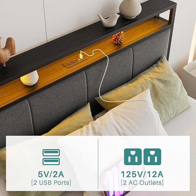 Full Size Bed Frame with LED Lights, Upholstered Headboard with Storage Shelves&Charging Station, Heavy Duty LED Bed Frame Full Mattress Foundation No Box Spring Needed, Noise Free,Grey