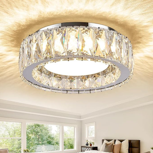 11 Inch Chrome Modern Luxury Crystal Flush Mount Ceiling Light Fixture,5CCT 3000K-6000K 24W,Round Small Dimmable Led Chandelier Hallway Lighting for Entryway,Kitchen,Bedroom,Laundry Room