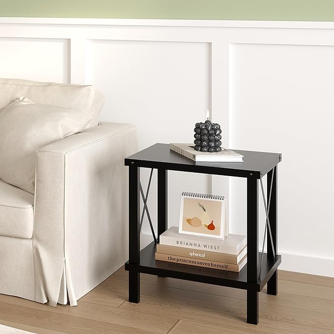 Large End Table Farmhouse Side Table Industrial Style Sofa Table Coffee Table Metal X Accent Wood End Table NightStand with Storage Shelf for Living Room Bedroom Black MLBZ16B