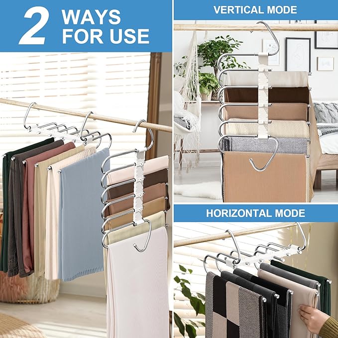 Upgrade 6 Layers Pants Hangers Space Saving, 2 Pack Non Slip Stainless Steel Multifunctional Pants Rack S-Type Pant Closet Hanger Organizer with Hooks for Pants Leggings Trousers, Antiquewhite