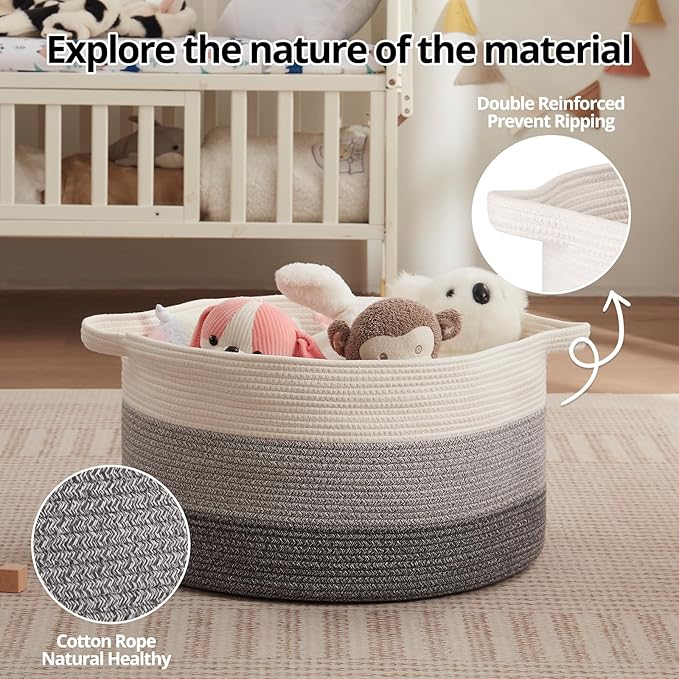 OIAHOMY Extra Large Storage Basket, 24" x 15" Woven Blanket Storage for Living Room, Round Laundry Basket for Pillow - Gradient Grey