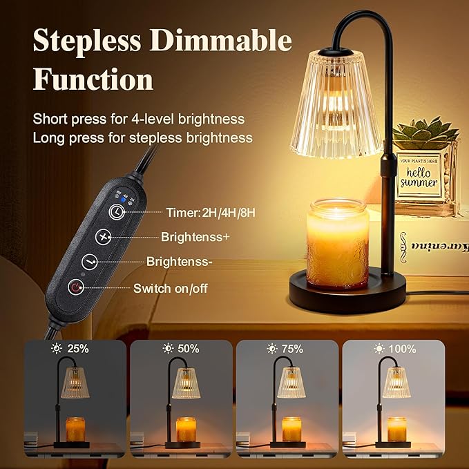 Briever Electric Candle Warmer Lamp with Timer Dimmer, Adjustable Height Wax Melter Warmer for Jar Candles, House Warming Gifts for New Home Decor, Birthday Gifts for Women, Black Wooden Base
