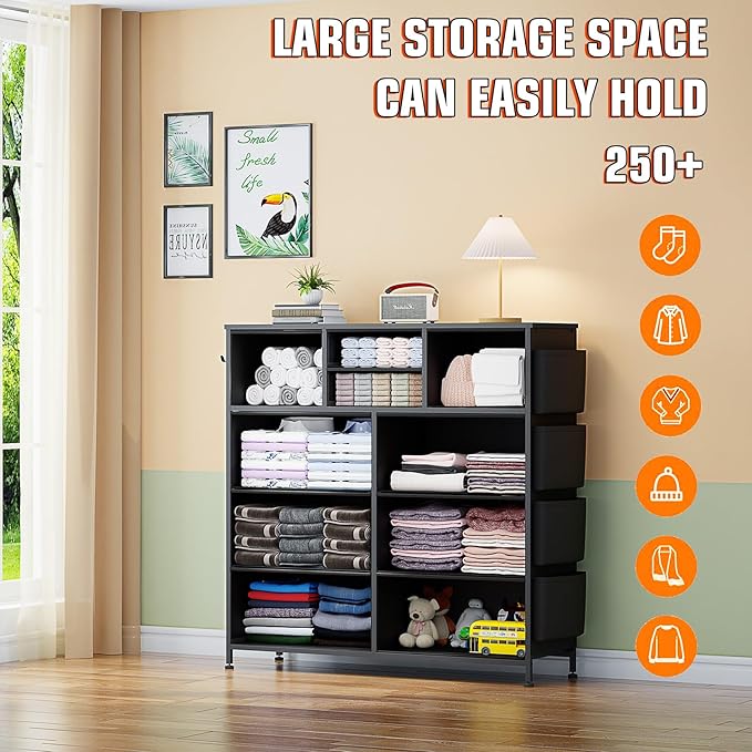 10 Drawer Dresser, Chest of Drawers for Bedroom, Fabric Dresser Drawers with Side Pockets, Hooks, Wooden Top and Sturdy Metal Frame for Living Room, Closet, Hallway, Nursery (Grey)