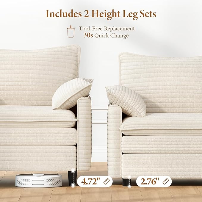 Vesgantti 108" Sectional Sleeper Sofa, 6-Seater Oversized Modular Cloud Couch with Movable Ottoman, Corduroy Large Sofa Bed Convertible Deep Seat Couches for Living Room, Bedroom and Apartment, Beige