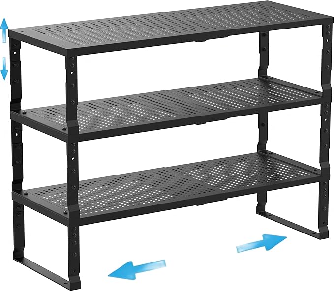Expandable Spice Rack Kitchen Cabinet Shelf Organizer, Stackable Storage Shelves Racks, Adjustable Counter Shelving for Cabinets, Countertop, Cupboard,Pantry and More(3Packs/Black/Large)