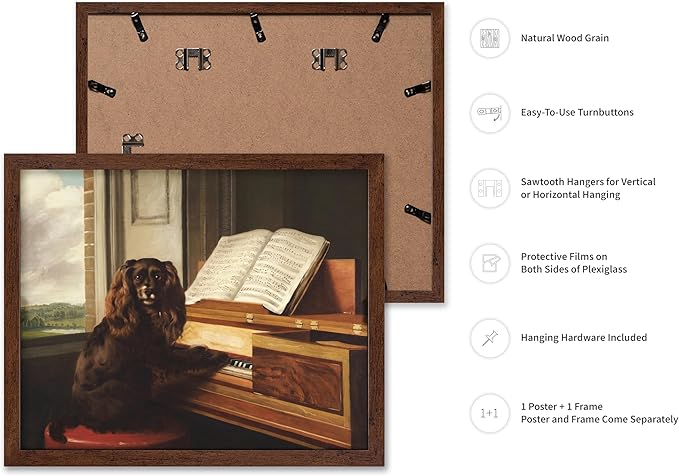Poster Master Vintage Portrait of an Extraordinary Musical Dog Poster - Retro Dog Print - Puppy Art - Music Art - Piano Art - Animal Lover Art - Living Room or Office Decor, 11x14 Brown Framed