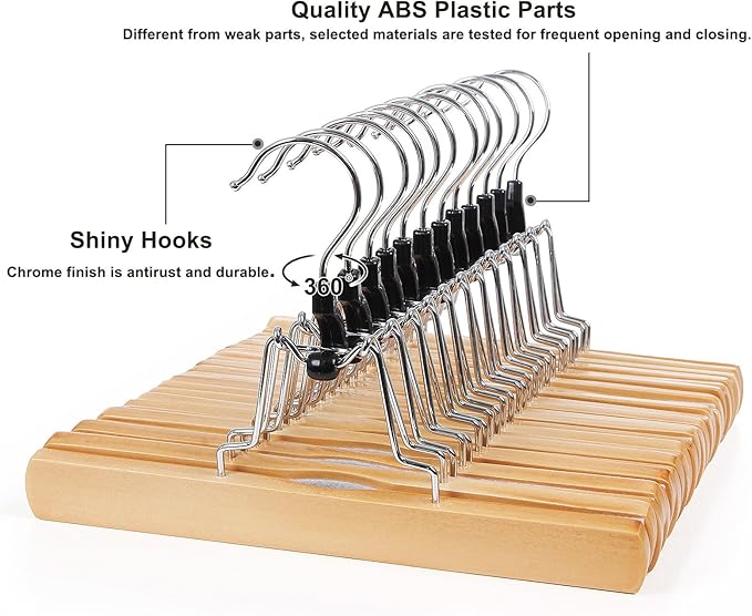SONGMICS 12 Pack Wooden Pants Hangers, Premium Solid Wood with Non-Slip Felt, Hold Pants Tightly, Smooth Finish Wood Skirt Hangers, with 360° Swivel Hook, Natural UCRW007-12