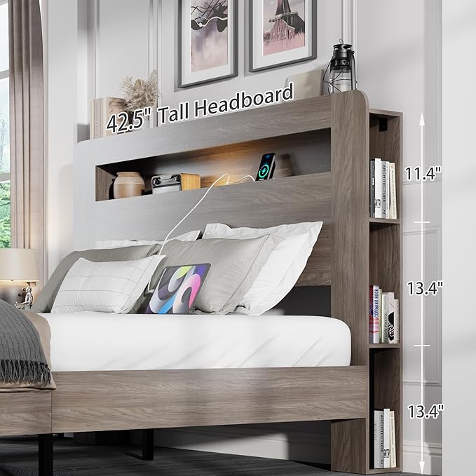 Full Size Wooden Bed Frame with Bookcace Storage Headboard, Rustic Farmhouse Bedframe with LED Lights and Charging Station, Sturdy and Stable, Slat Support, No Box Spring Required (Light Brown, Full)