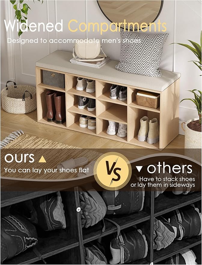 DINZI LVJ Shoe Storage Bench with Cushion, 12-Cubby Shoe Rack, Adjustable Shelves, 40.9" Long Shoe Organizer Bench for Entryway, Mudroom, Hallway, Garage, Natural and Cappuccino Beige