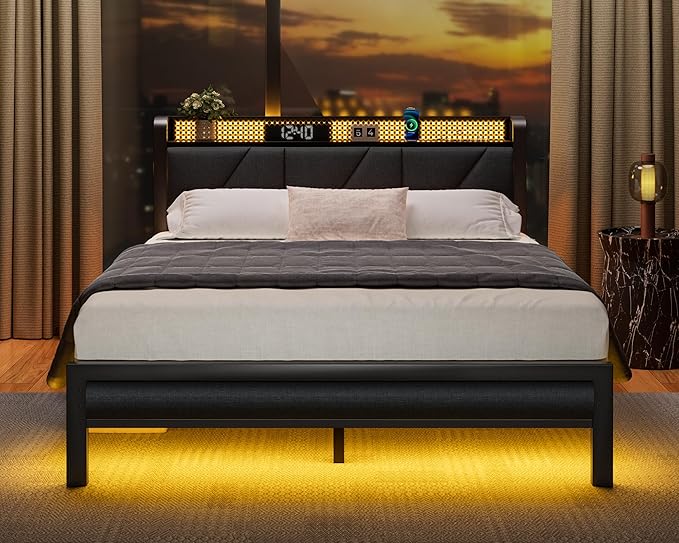 Furnulem Queen Size Bed Frame with Headboard and LED Lights, Upholstered Bedframe with Charging Station and USB Port, Platform Metal Bed Frames, No Box Spring Needed, Noise Free