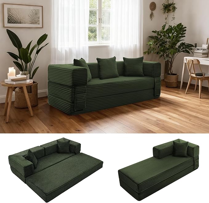 Sectional Boneless Couch Convertible Sofa Bed,78'' Modular Sectional Sleeper Sofa with Removable Armrests & 3 Pillows,Small Floor Couch No Assembly Needed for Living Room, Office, Bedroom,Light Green