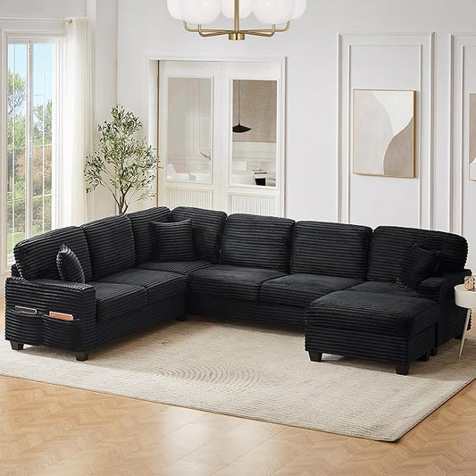 125.2" Sectional Sofa U-Shaped Upholstered Sofa L-Shaped Couch with a Movable Ottoman and Side Storage Pockets for Living Room, Black