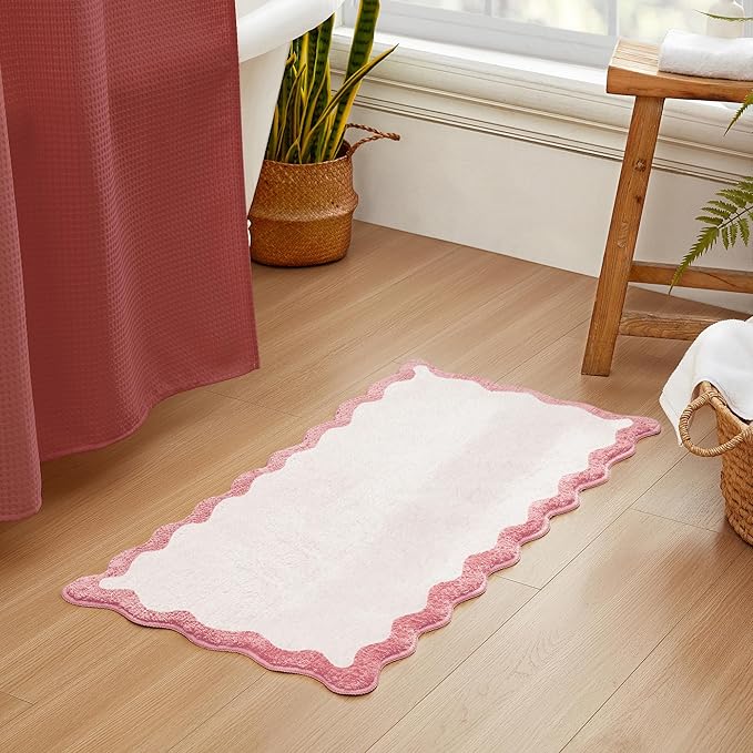 MONDAY MOOSE Bath Mat with Scalloped Wavy Ripple Design, Microfiber Absorbent Non Slip Tufted Rug for Floor, Shower or Kitchen (24x47 inch, Pink)