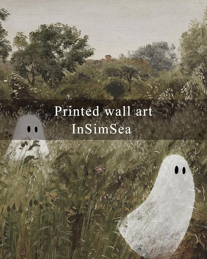 InSimSea Framed Canvas Wall Art, Vintage Halloween Decor With Cute Ghosts, Indoor Bedroom Bathroom Living Room Pictures, Landscape Prints, 12"x16"