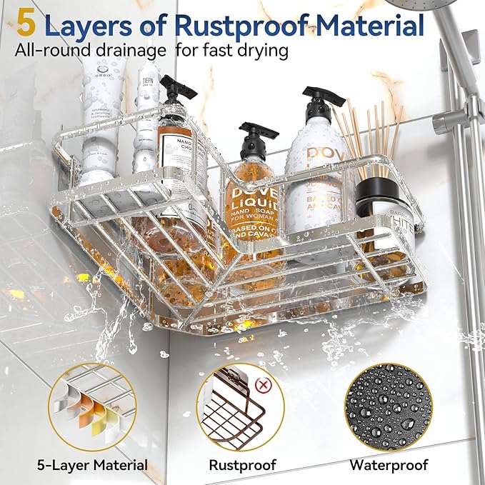 YASONIC Corner Shower Caddy Organizer, 3-Pack Self-Adhesive Rustproof Bath Shelves with Soap Holder & 4 Hooks, Large Capacity Shower Storage Rack for Bathroom Organization, Silver