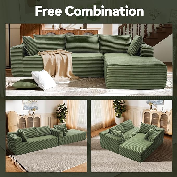 Modern Cloud Modular Sectional Sofa with Chaise, 106" L-Shaped Sofa Couch for Living Room, Deep Seat Plush Boneless Couches, Includes Pillows, Left Chaise, Green