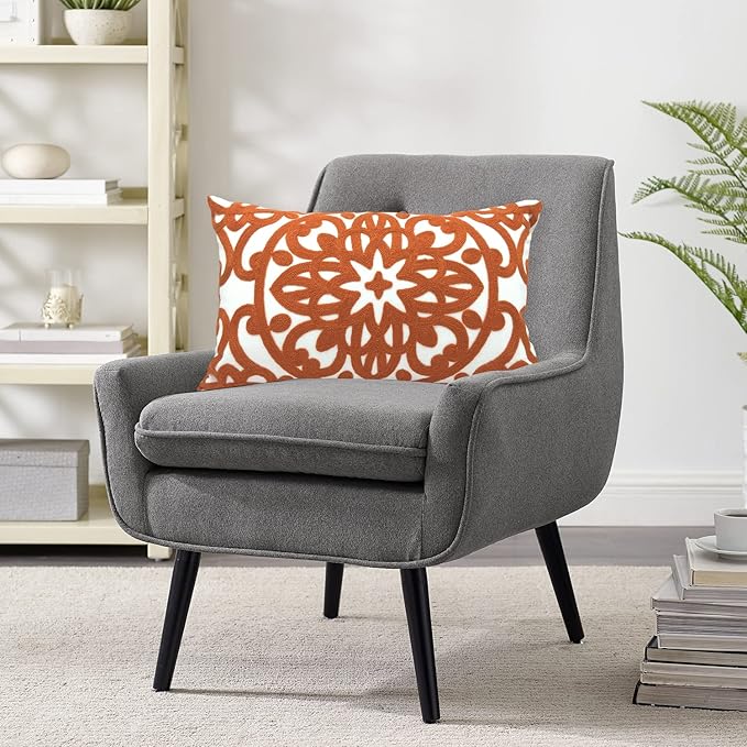 Alysheer Embroidered Lumbar Decorative Throw Pillow Cover 12"x 20", Classic Boho Mandala Embroidery Pattern Cotton Rectangular Cushion Case for Sofa Couch Living Room Bedroom(Burnt Orange)
