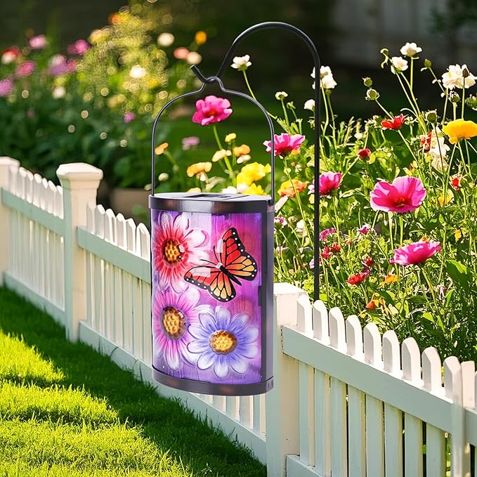 Hanging Solar Lantern Outdoor Waterproof Flowers Butterfly Solar Lights Glass Tabletop Decorative Lamp for Outdoor Patio Garden Outside Yard Decor