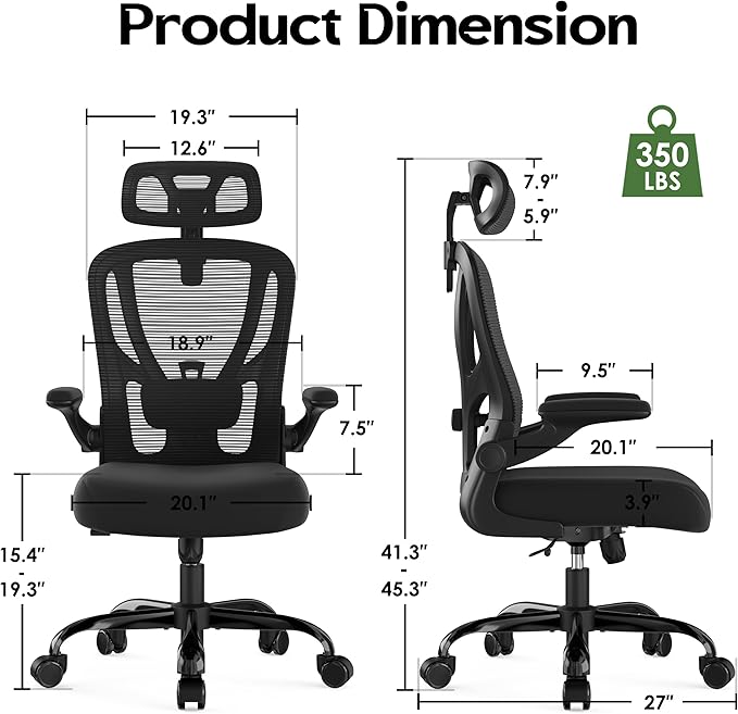 Office Chair Ergonomic Desk Chair - Mesh High Back Office Chair with Headrests Wheels Lumbar Support Home Desk Office Chairs Flip up Armrest Executive Rolling Swivel Task Computer Chair Black