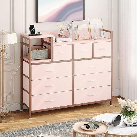 Jojoka TV Stand with Charging Station, Bedroom Dresser for Living Room TV Stand with 9 Drawers, Pink