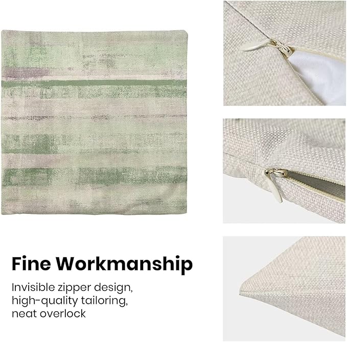 Boho Green Grey Stripe Throw Pillow Covers 18x18 Inch Set of 2, Rustic Abstract Decorative Throw Pillow Covers Retro Stripe Linen Outdoor Cushion Cover for Sofa Couch Farmhouse Room Bed Decor