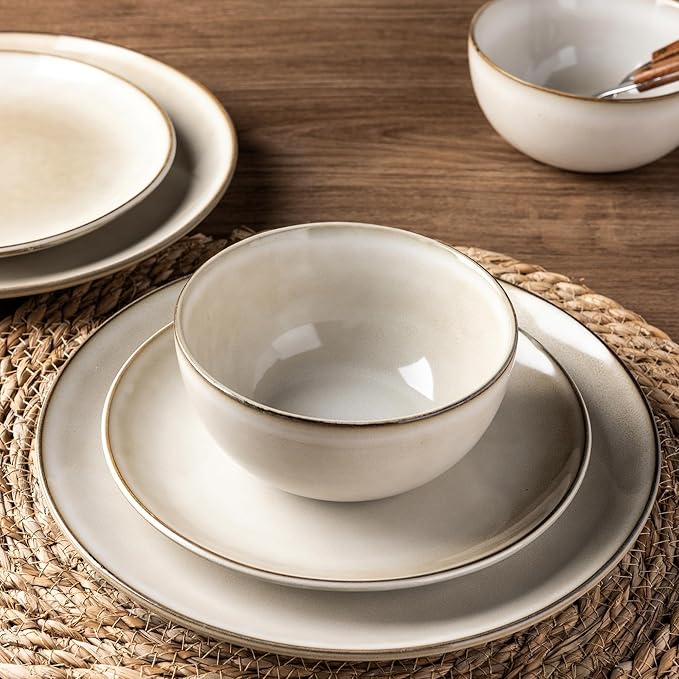 AmorArc Stoneware Dinnerware Sets for 8, 24 Pieces Handpainted Ceramic Plates and Bowls Set, Scratch Resistant Dishes Set, Dishwasher & Microwave Safe, Cappuccino