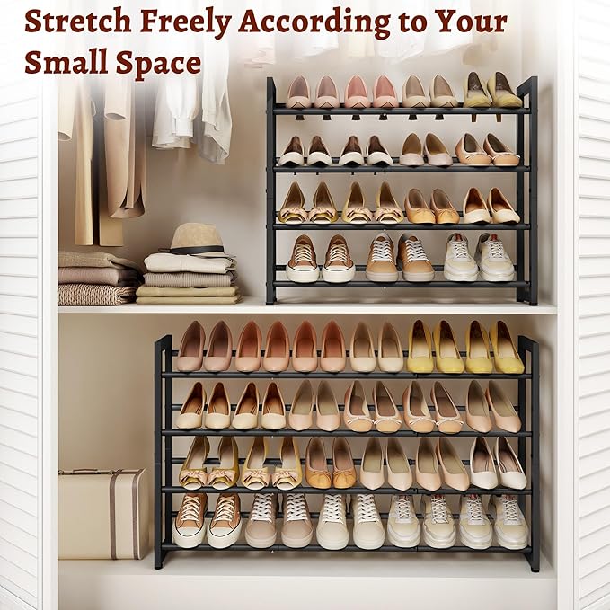 FAVOOSTY 4-Tier Expandable Shoe Rack, Adjustable Shoe Shelf Storage Organizer Space Saving Metal Free Standing Shoe Rack for Entryway Closet Doorway, Black