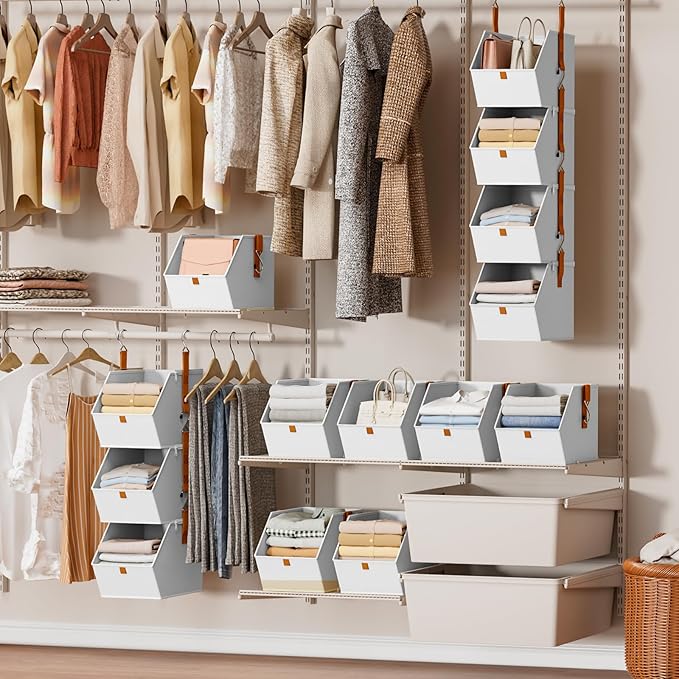 Hanging Closet Organizer 4 Tier - Clothes Hanging Shelves, Space-Saving Closet System, Fabric Storage Bins Bedroom Organization, Collapsible Baskets for Home, Dorm, Rv, White, 2 Pack