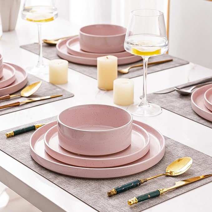 AmorArc Ceramic Dinnerware Set for 8 | Speckled Stoneware Plates and Bowls with Rustic Terracotta Underside| Scratch Resistant,Dishwasher & Microwave Safe Dishes Sets- 24pcs Pink