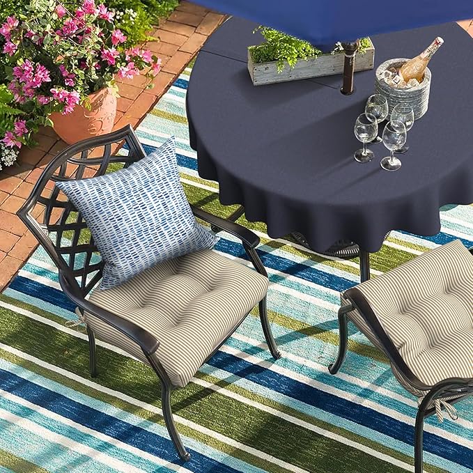 Set of 2 Outdoor Tufted Chair Cushions 19"x19"x4", Water Repellent Patio Seat Cushions with Ties, Replacement Chair Pads for Wicker Dining and Patio Furniture - Stripe Beige